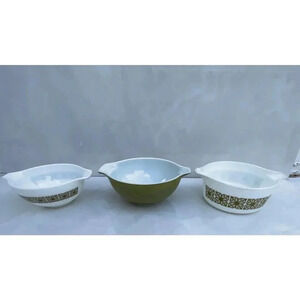 Set 3 Vintage Pyrex Square Flowers Verde Mixing Round Circle Bowls Green White